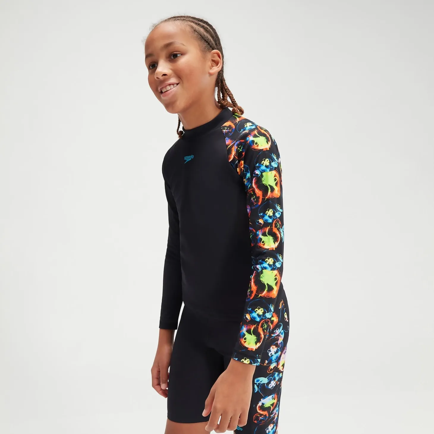 Boys' Printed Long Sleeve Rash Top Black/Blue