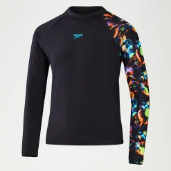 Boys' Printed Long Sleeve Rash Top Black/Blue