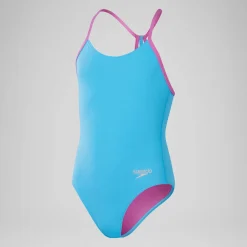 Girls' Club Training Solid Lane Line Back Swimsuit Blue