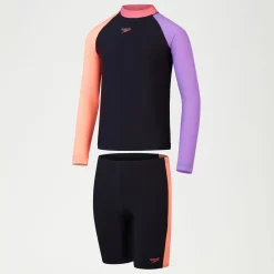 Girls Colourblock Rash Top & Jammer SetBlack/Coral