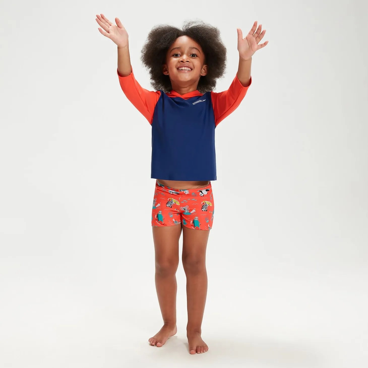 Infant Unisex Learn To Swim Essential Hooded Rash Top Blue/Coral