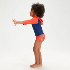 Infant Unisex Learn To Swim Essential Hooded Rash Top Blue/Coral