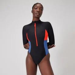 Women's Colourblock Long Sleeve Zip Swimsuit Black/Red