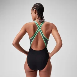 Women's High Neck Splice Cross Back Swimsuit Black/Grey
