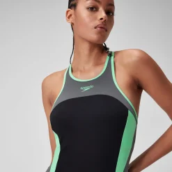 Women's High Neck Splice Cross Back Swimsuit Black/Grey