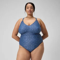 Women's Plus Size Shaping Printed V Neck Swimsuit Navy/Blue