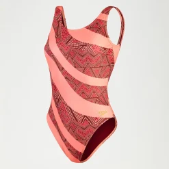 Women's Printed Deep U-Back Swimsuit Oxblood/Coral