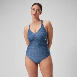 Women's Shaping Printed V Neck Swimsuit Navy/Blue