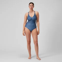 Women's Shaping Printed V Neck Swimsuit Navy/Blue