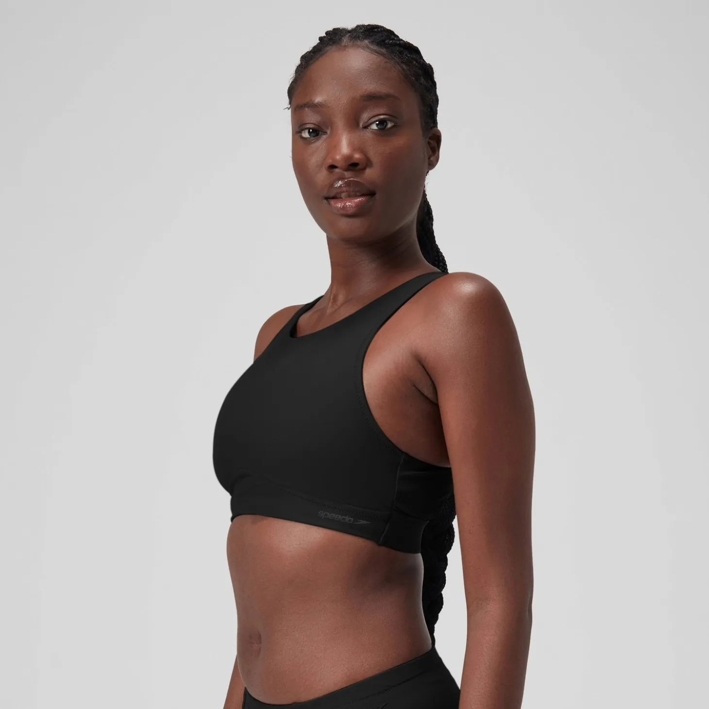Women's Solid Highneck Crop Top Dark Grey