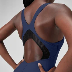 Women's Solid Scoop with Mesh Swimsuit Blue